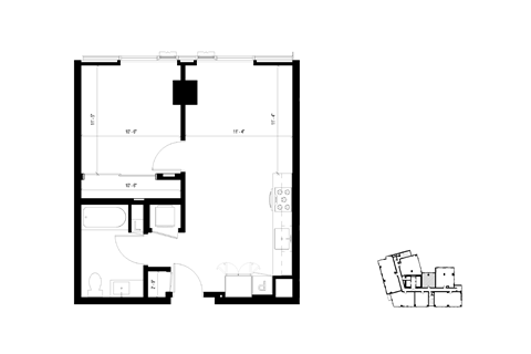 Floor plan for 1 bed, 1 bath, 568 sqft